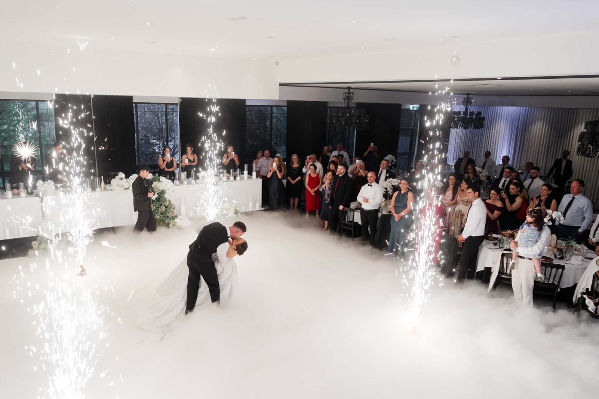 First dance on low fog with indoor sparks
